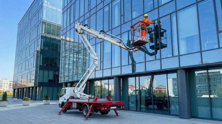 Čiščenje oken in steklenih fasad na višini z dvižno košaro